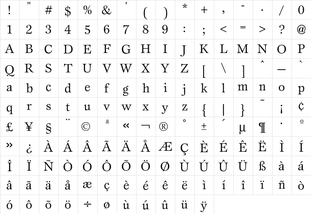 Esprit Book  glyph index