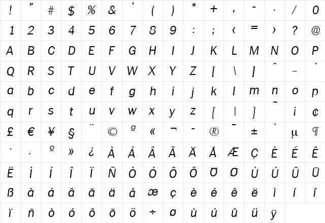 CarlBecker-Light Italic  glyph index