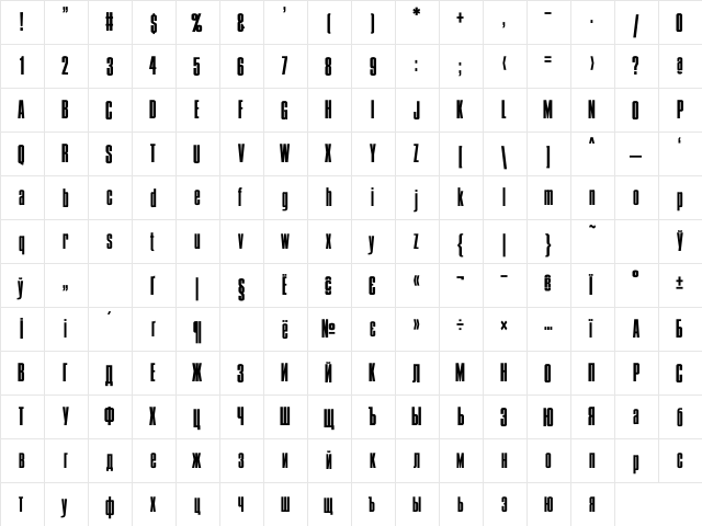 Condens Bold Regular  glyph index
