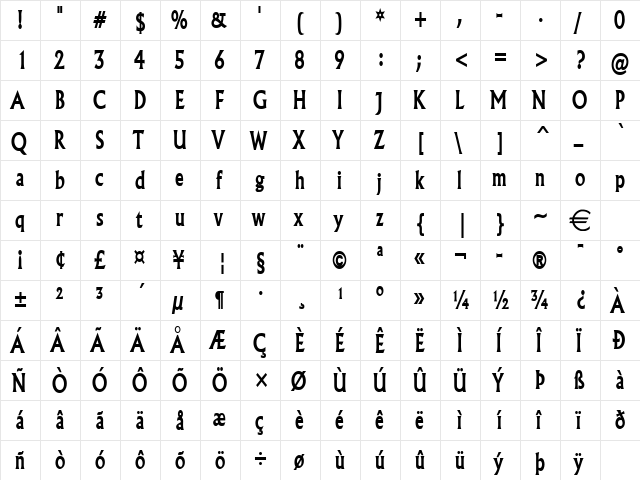 FlairThin Bold  glyph index