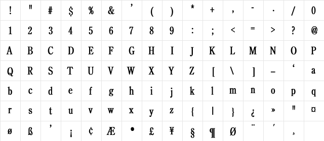 CenturyOldStyle-Light Condensed Bold  glyph index