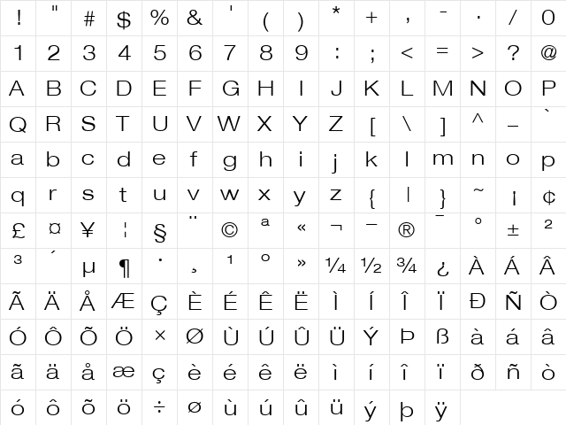 Helvetica43-ExtendedLight Light  glyph index