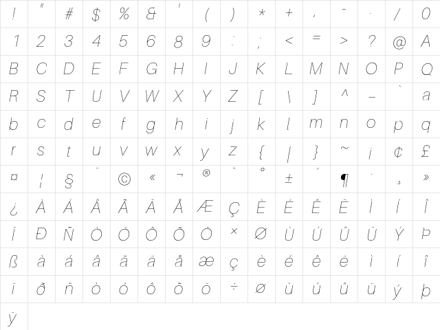 Aileron UltraLight Italic  glyph index