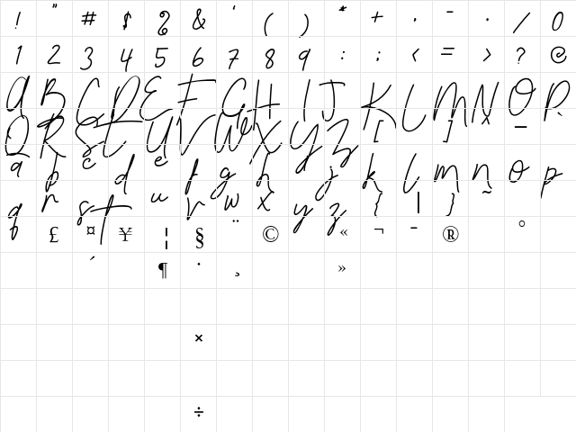 Reilly Beck Regular  glyph index