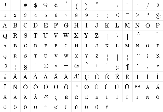 Century ITC Expert BQ Regular  glyph index