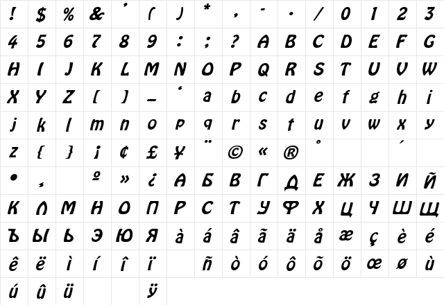 HoboR Italic  glyph index