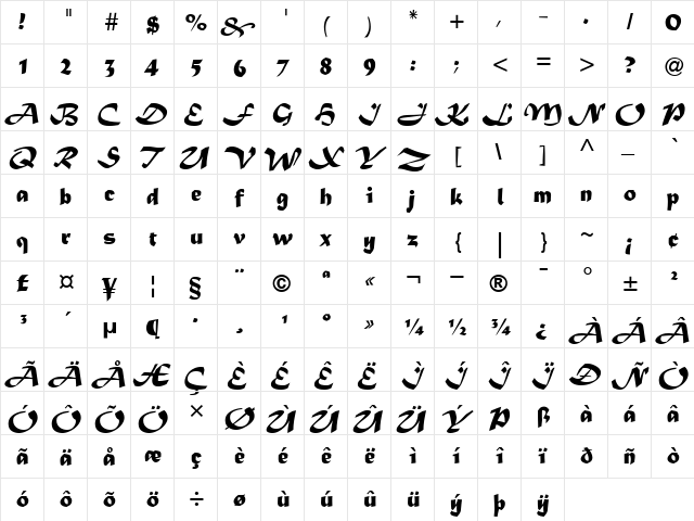 MaturaMTScriptCapitals Roman  glyph index