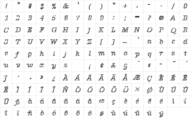 URWAntiquaTRegItaRe1 Regular  glyph index