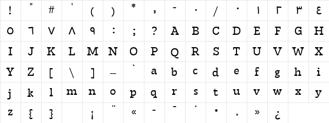 Tarif Arabic Regular  glyph index