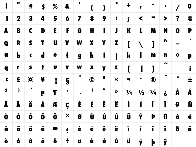 FuturaTExtBolCon Regular  glyph index