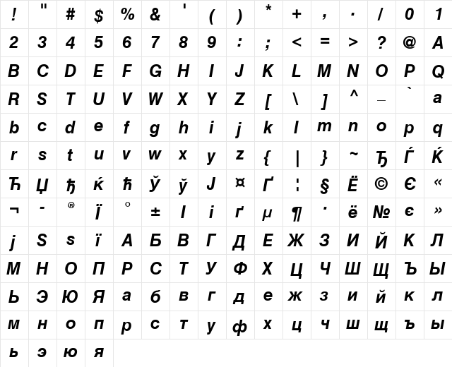 HelveticaCyr Upright Bold Italic  glyph index