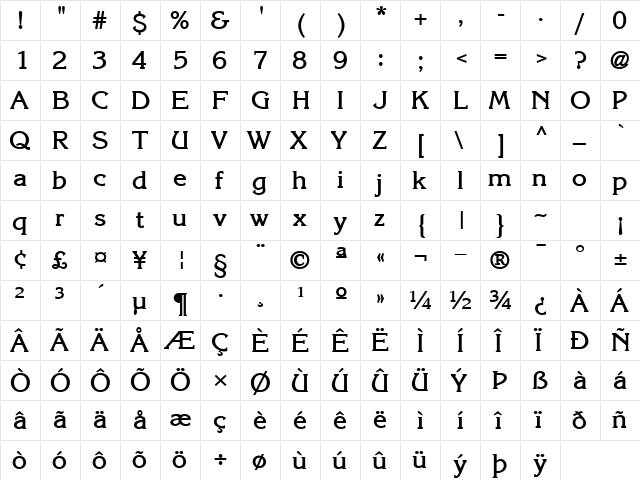 Kane Bold  glyph index