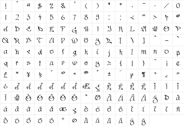 Hinterwelt Regular  glyph index
