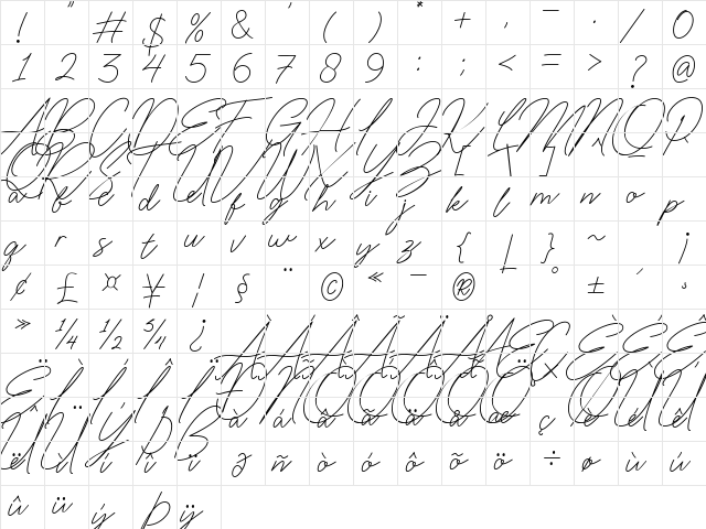 Ophelie Regular  glyph index