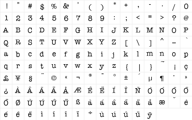 Ayar Typewriter Regular  glyph index
