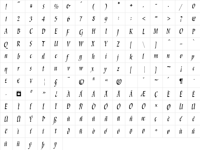 Torquemada One Bold  glyph index