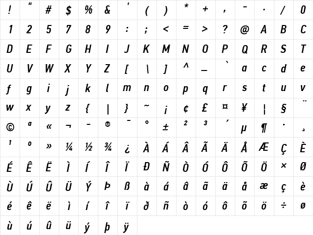 PF Din Text Cond Pro Medium Italic  glyph index