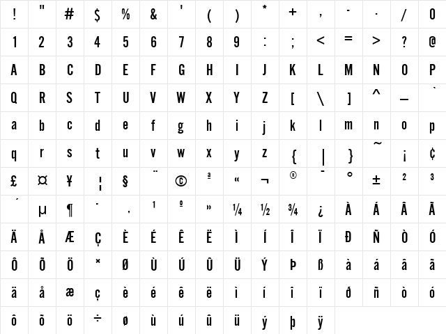 AlternateGothicEF NoTwo Regular  glyph index