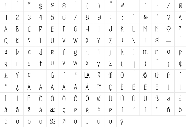 JMExpositionPlainOne Regular  glyph index