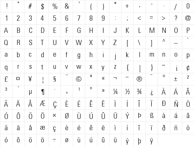 Univers47-CondensedLight Light  glyph index