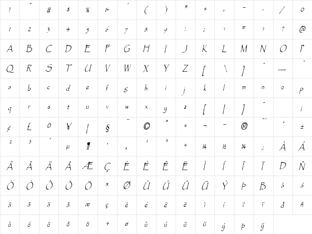 Chalk-Condensed Italic  glyph index