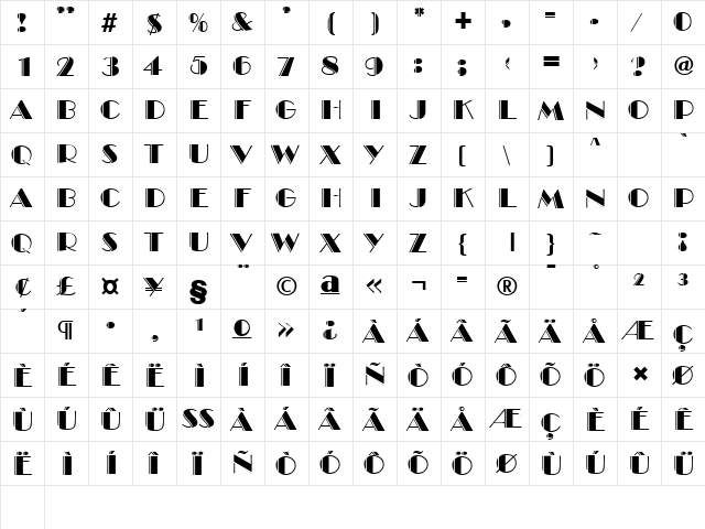 BroadwayEngraved Regular  glyph index