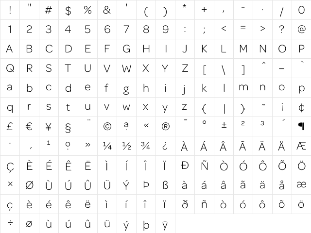 Omnes Light  glyph index