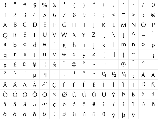 Opulent Regular  glyph index