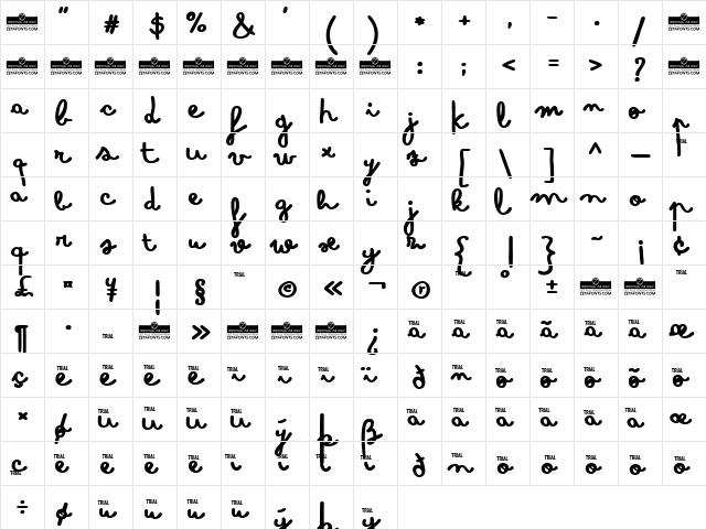 Bimbo Whiteboard  glyph index