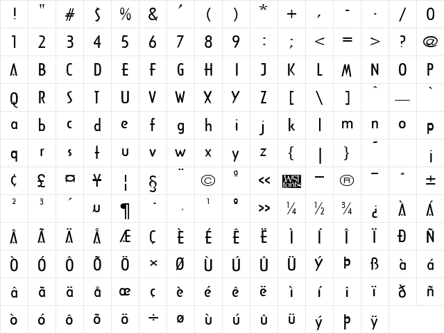 ArcaneBroad Regular  glyph index