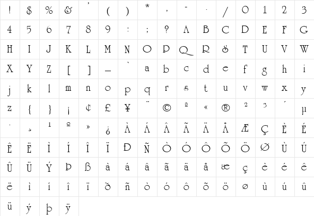 Unicorn Regular  glyph index