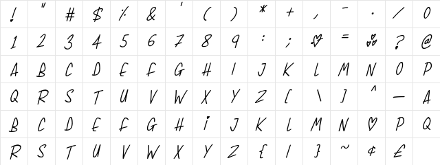 Whimsical Lovelies Italic  glyph index