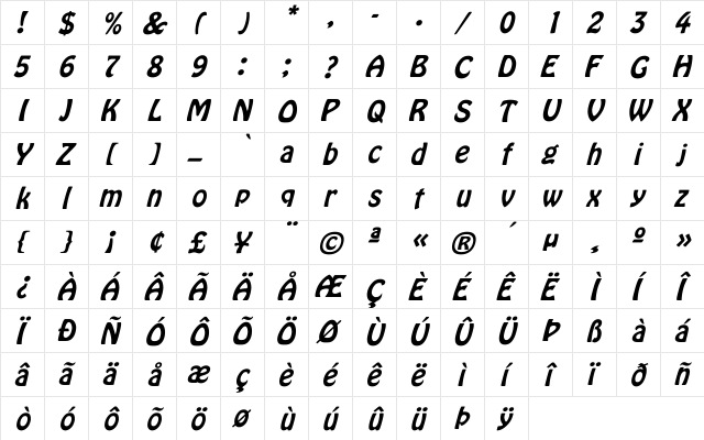 Hobo Italic Italic  glyph index