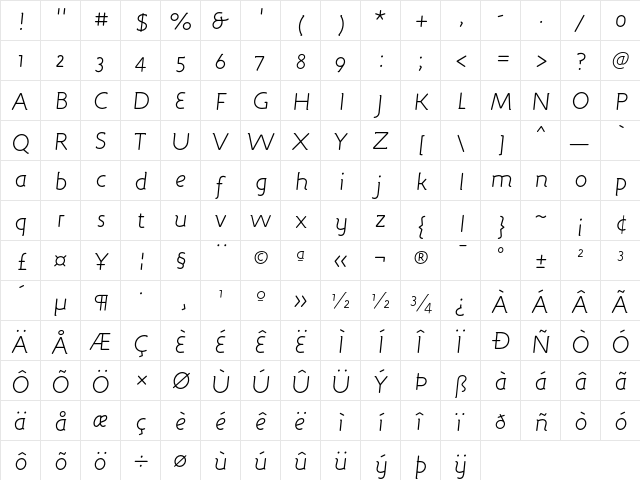 Engine LightItalic  glyph index