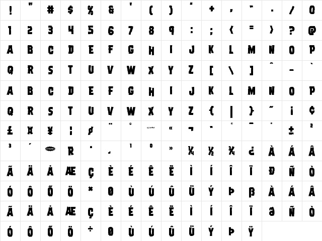 Dread Ringer Staggered Regular  glyph index