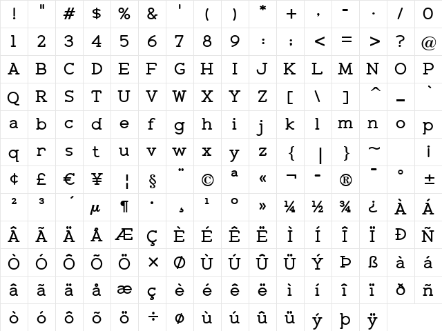 Zolano Serif BTN Bold  glyph index