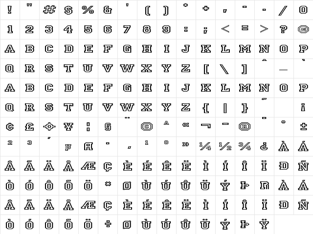 IvyLeagueExtendedOutline Regular  glyph index