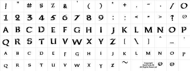 Kelt Caps Freehand Regular  glyph index