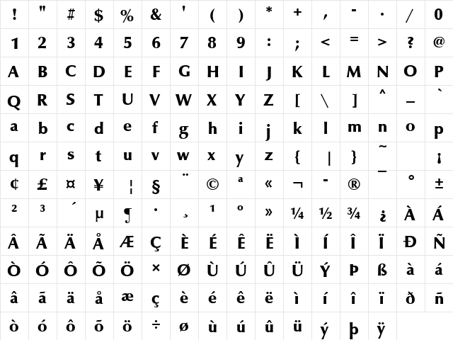 Classico Becker Black Regular  glyph index