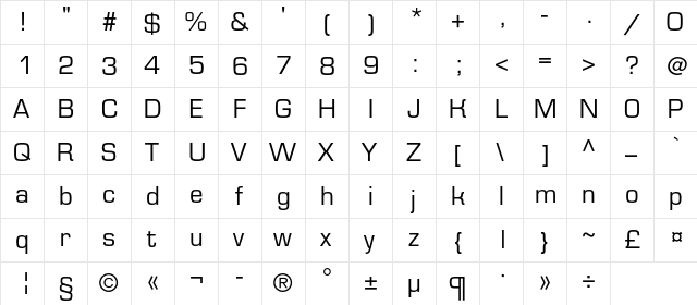 EurofontC Regular  glyph index