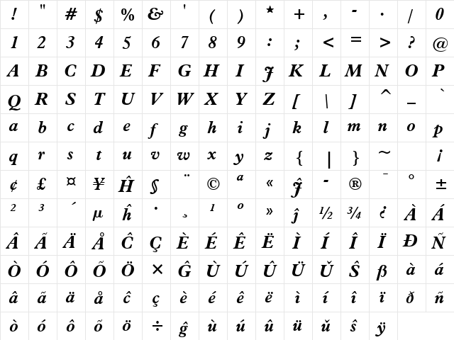 Aldine721 BT Eo Bold Italic  glyph index