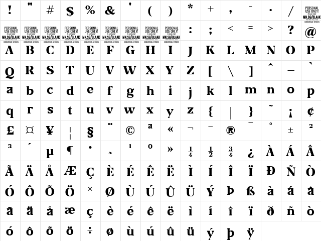 Blaak ExtraBold PERSONAL USE Regular  glyph index