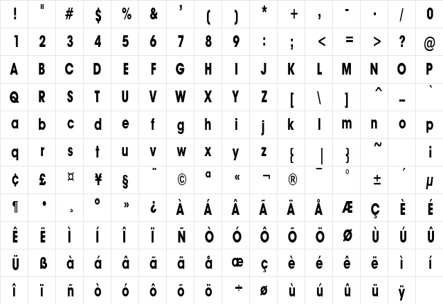 AvantGuardCondSW Bold  glyph index