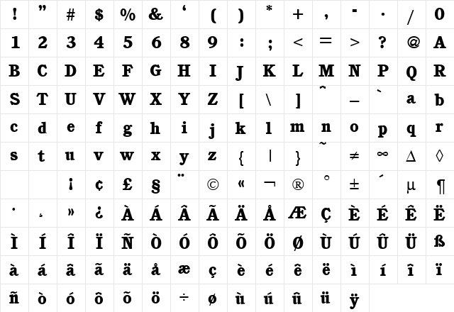CushingNovaHeavy Regular  glyph index
