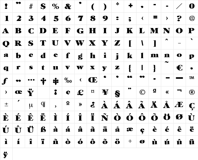 Horsham-Heavy Regular  glyph index
