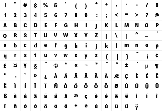 MaximaEF-BoldCondensed Regular  glyph index