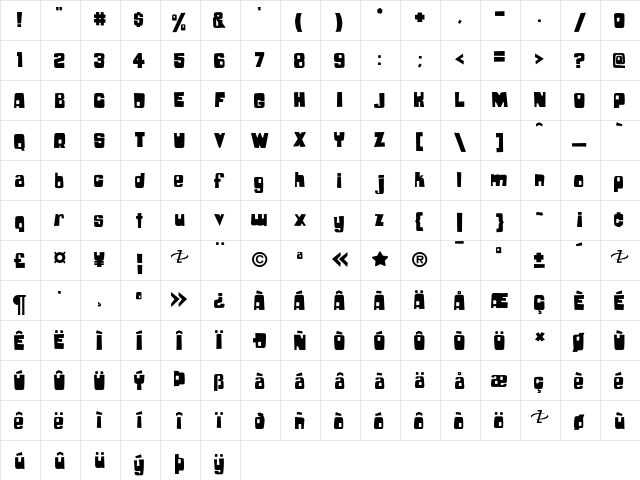 Boochie Regular  glyph index