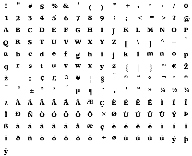 Usherwood LT Black Regular  glyph index