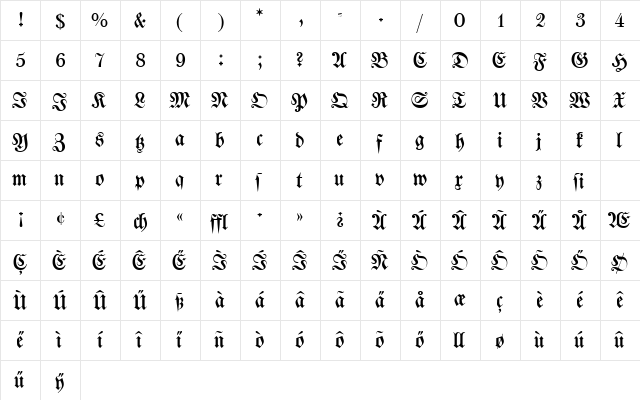 WalbaumFrakturEF Regular  glyph index