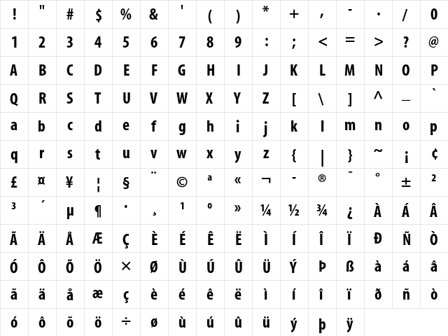 Myriad Bold Condensed  glyph index